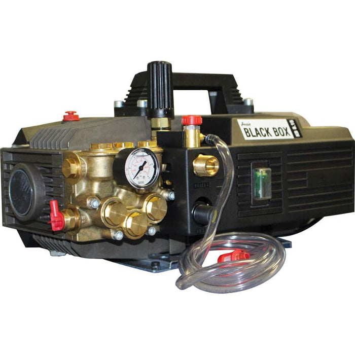 AUSIE BLACK BOX. 2175-3400PSI. 8 L/MIN 4 POLE. 2.6KW SINGLE PHASE. FREE TURBO. INCL TROLLEY AND 15M HOSE REEL